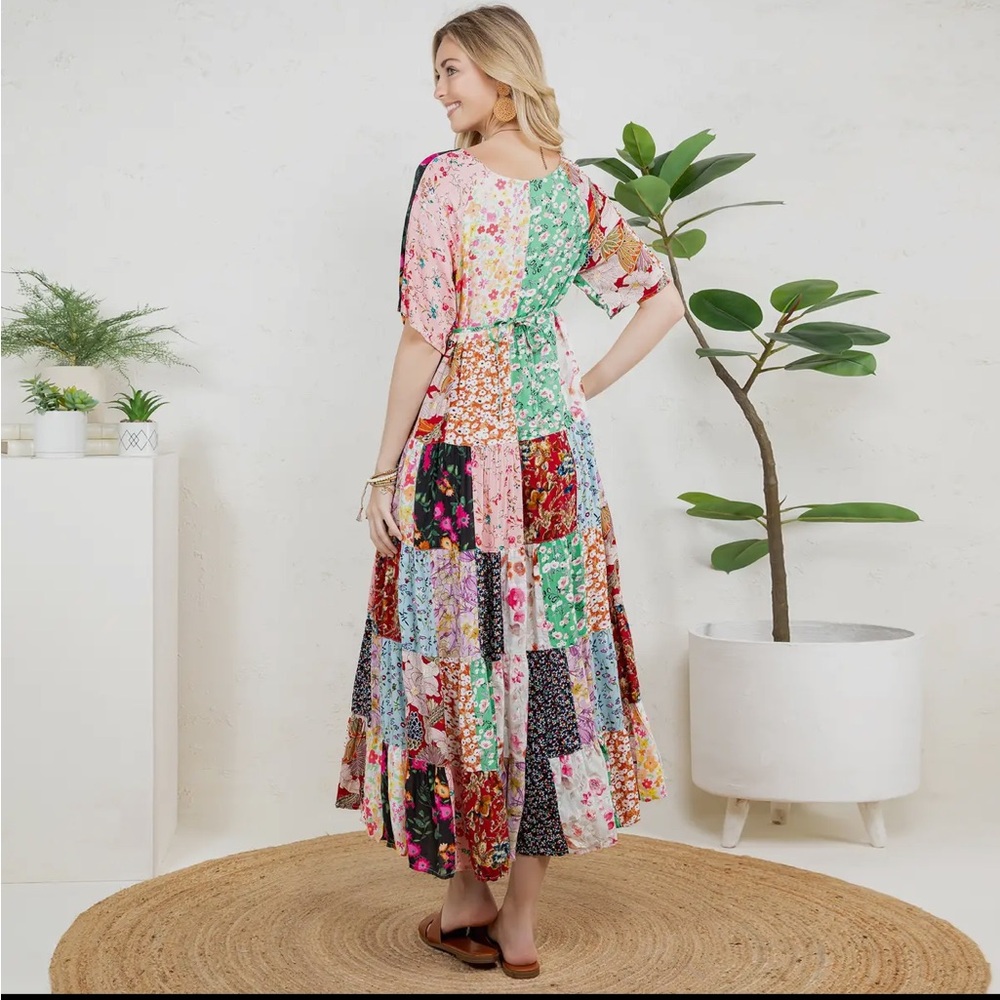 YOUNG THREADS Boho Multicolor Floral Patchwork Flowing Tiered Maxi Dress, M - Picture 4 of 8